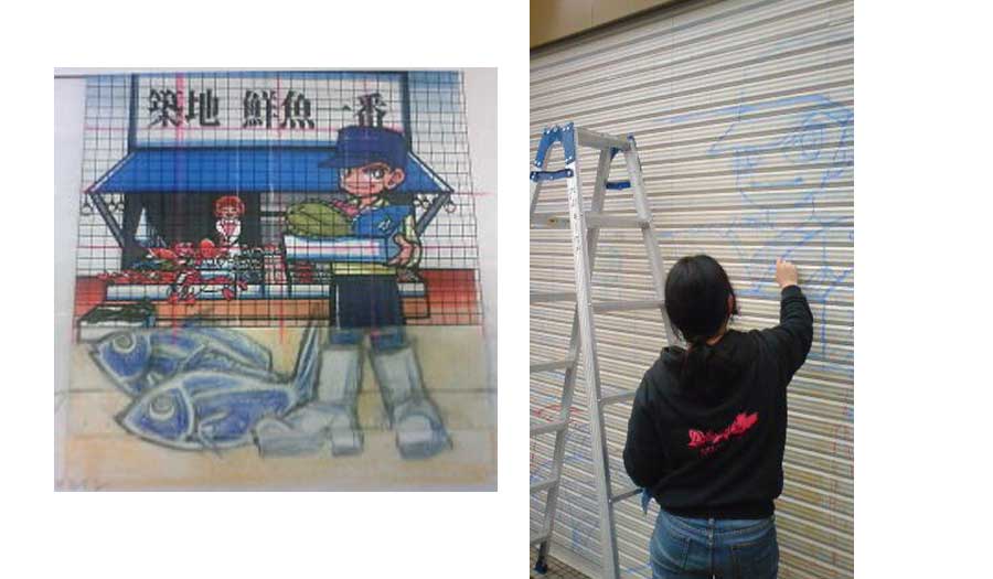 下絵に罫線を引いて、それを見ながら、シャッターに下書き。